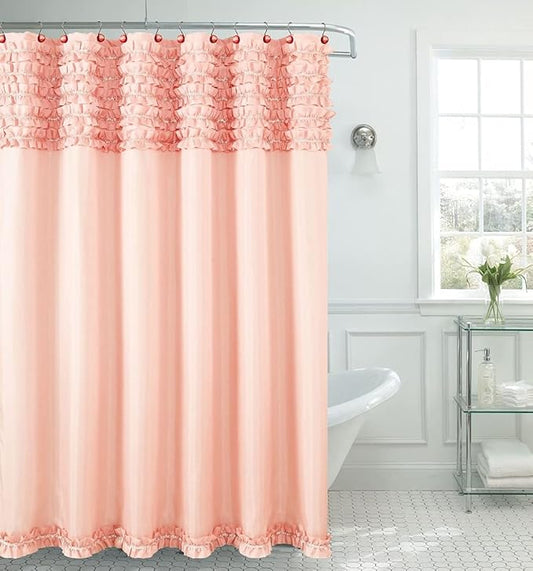 BH Home & Linen Beverly Hills Ruffle Premium Quality Fabric Shower Curtain 70" x 72 Made with 100% Polyester. (Miramar Peach)