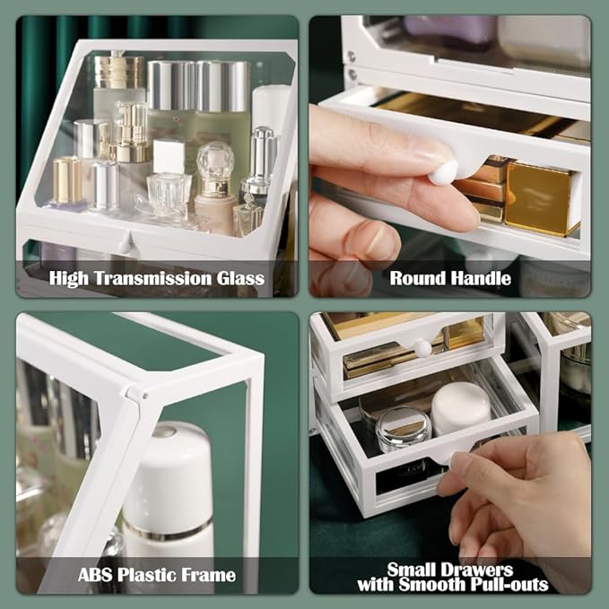 Glass Makeup Organizer Multi-Functional with Pearl Makeup Organizer with Drawers for Bathroom Vanity Organizer Skincare Lipstick Brushes