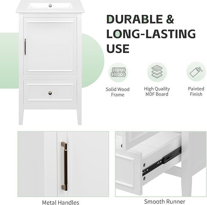 Virubi 20 in Small Bathroom Vanity with Sink,Solid Wood Modern Single Bathroom Sink Cabinet with Soft Closing Door and Drawer,Freestanding White