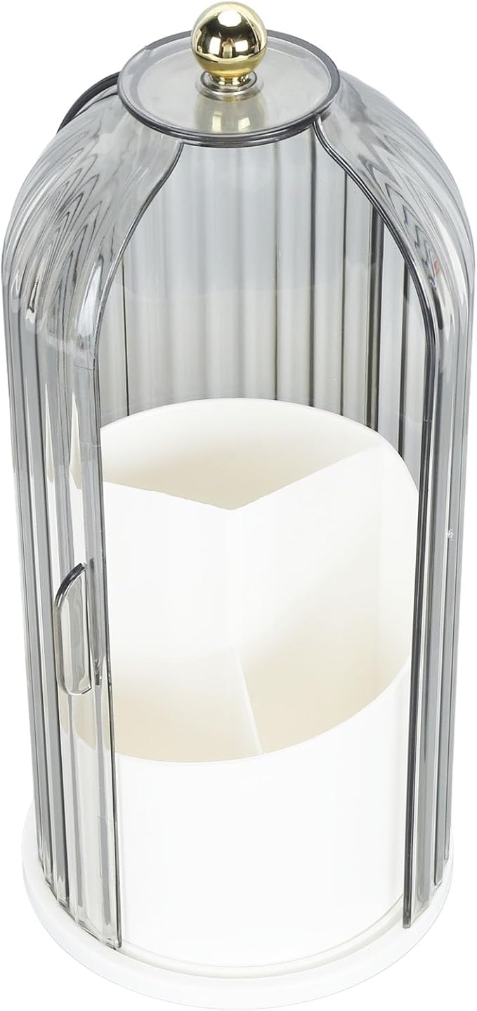 Makeup Brush Holder with Lid Clear Dustproof 360 Degree Rotating Makeup Brush Holder Organizer for Vanity Desktop Bathroom Countertop Nail Brush Rack Portable(White Base with Clear Black Lid)
