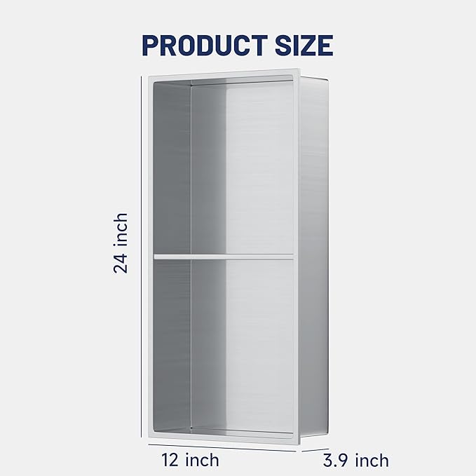 Stainless Steel Shower Niche 24" X 12" No Tile Needed Niche Shower with Two-Tier Recessed Wall Niches Insert for Bathroom Kitchen Storage, Brushed Nickel