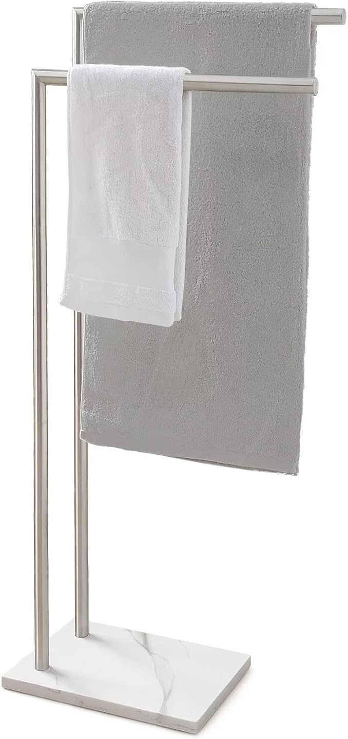EADOT 41 Inch Standing Towel Rack Double L Shape Bath Towel Sheet Holder with Marble Base for Bathroom Floor Next to Tub or Shower Towel Stand for Bathroom Floor Stainless Steel Brushed Nickel