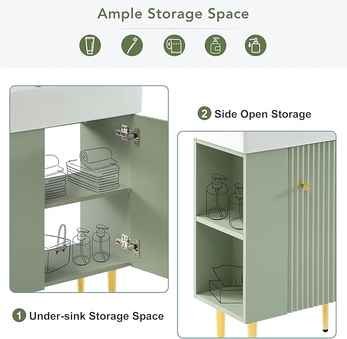 Virubi 21.6 in Small Bathroom Vanity with Sink,Doors and Storage Shelves,Wood Modern Single Fluted Bathroom Sink Cabinet Freestanding (Green,Left Shelf)