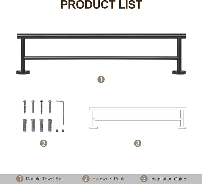 SEIDO Double Towel Bar for Bathroom Wall 16”L, 304 Stainless Steel Bathroom Towel Holder, 2-Bar Design Bathroom Towel Rack, Matte Black, 16 inch