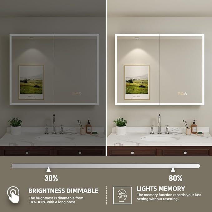 Buruis 36 x 32 Inch Medicine Cabinet with LED Lights and Mirror, Recessed/Wall Mounted Bathroom Cabinet, 3-Color Light, Defogger, Memory Function, Outlet & USB, Dimmer, Black