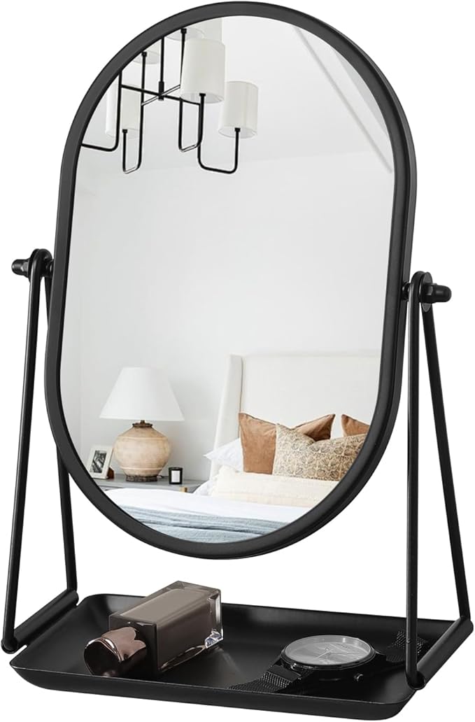 Desk Table Mirror with Stand Portable Vanity Tabletop Mirrors Black Metal Framed Oval Makeup Mirror 360°Adjust Rotate Cosmetic Mirrors Good for Office Bedroom Bathroom Dorm