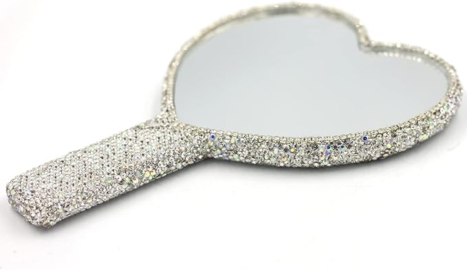 Bling Rhinestone Heart Handheld Mirror - Portable & Dazzling Makeup Mirror for On-The-Go Touch-ups (Plastic White)