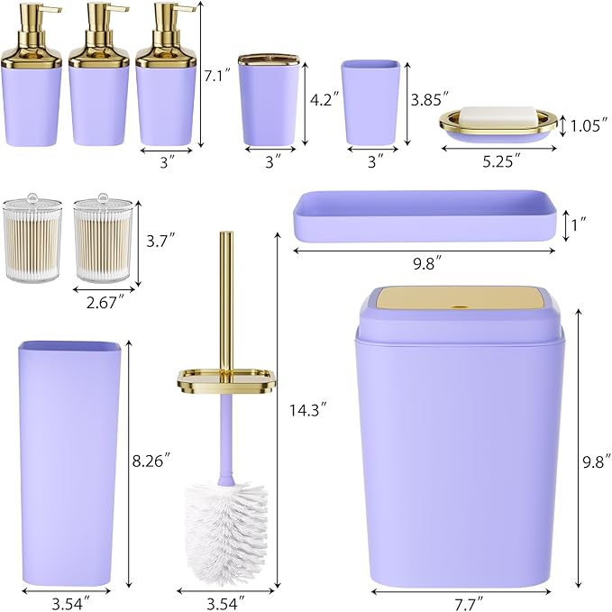 Bathroom Set — Bathroom Accessories Set, 11PC Bathroom Accessory Set, Purple Bathroom Set with Push-lid Trash Can, 3PC Soap Dispensers, Toilet Brush & Qtip Holders