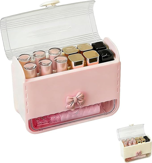 Clear Lid Lipstick Organizer with Bow Charm- Flip-Lid Compartment & Pull-Out Drawer Organizer for Makeup Accessories (Pink)