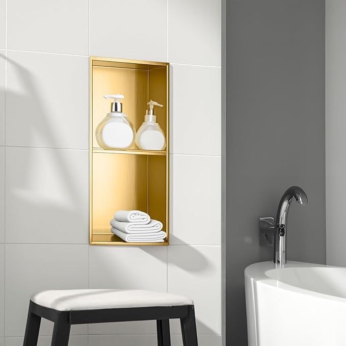 SaniteModar Shower Niche, Stainless Steel Shower Niche No Tile Needed, Recessed for Bathroom Storage (Brushed Gold, 12x24,Double)