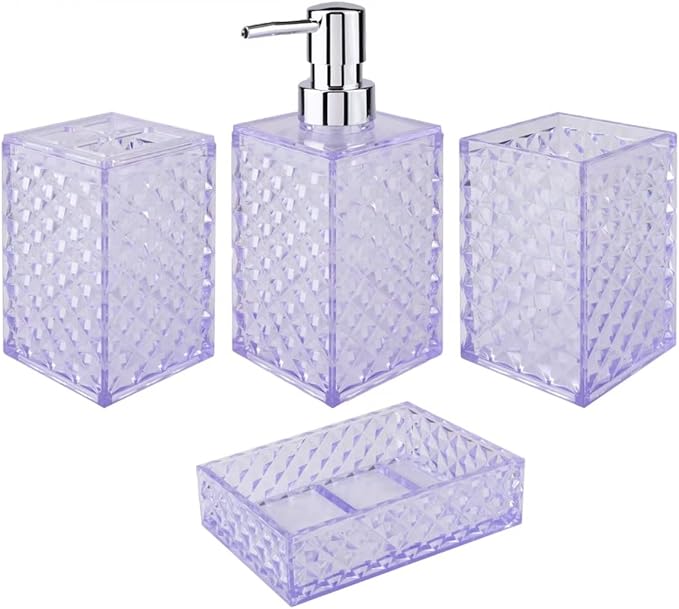 Bathroom Accessory Set, 4 Pcs Plastic Bathroom Set Include Soap Dispenser, Soap Dish, Toothbrush Holder, Mousewash Cup, Modern Bahtroom D??cor Set, Space Save for Bathroom(Light Purple)