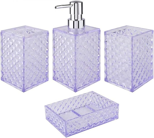 Bathroom Accessory Set, 4 Pcs Plastic Bathroom Set Include Soap Dispenser, Soap Dish, Toothbrush Holder, Mousewash Cup, Modern Bahtroom D??cor Set, Space Save for Bathroom(Light Purple)