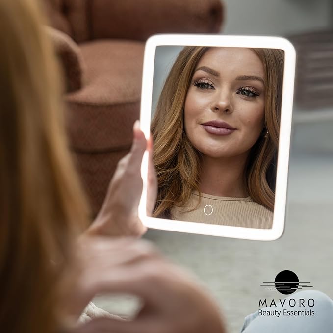 Mavoro 7x9 LED Lighted Rechargeable Travel Mirror | Small Wall Adhesive Mirror | Peel and Stick Wall Mount Lighted Travel Mirror | Real Glass Touch Sensor Vanity Mirror with Stand