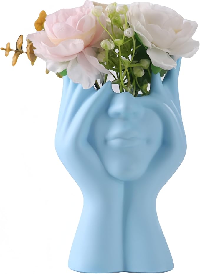 Make Up Brush Holder Organizer Face-Shaped Pen Holder Vase Organizer Abstract Art Face Hand Design Travel Cosmetic Holder | Makeup Organizer For Brushes (blue)