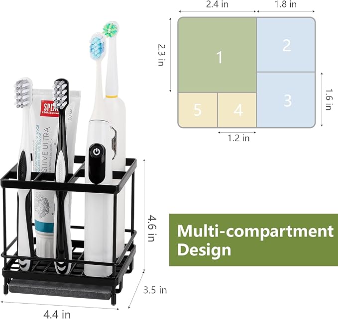 Carbon Steel Toothbrush Holders for Bathrooms, 5 Slots Kids Electric Tooth Brush and Toothpaste Organizer for Countertop, Shower, Vanity, Black