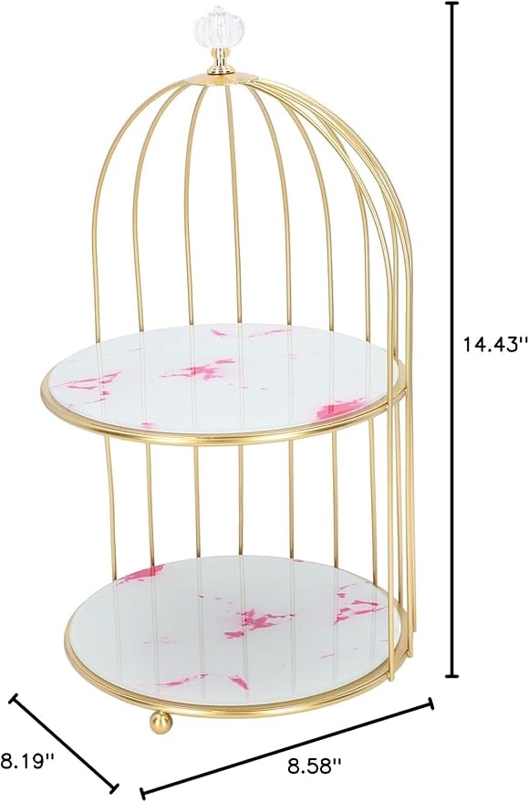 Double Layer Storage Shelf Bird Cage Organizer Display Rack for Bathroom Countertop Dressing Table Gold Frame (Pink Stone Pattern)