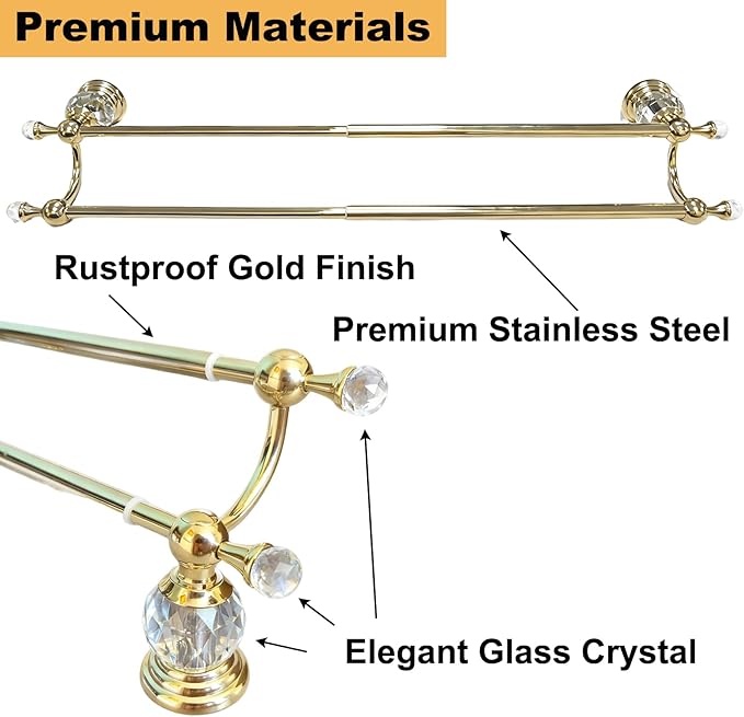Gold Double Towel Bar with Crystal, Adjustable Towel Racks for Bathroom Wall Mounted 18-30 Inches, Stainless Steel Towel Rod Holder for Modern Luxury Bathroom