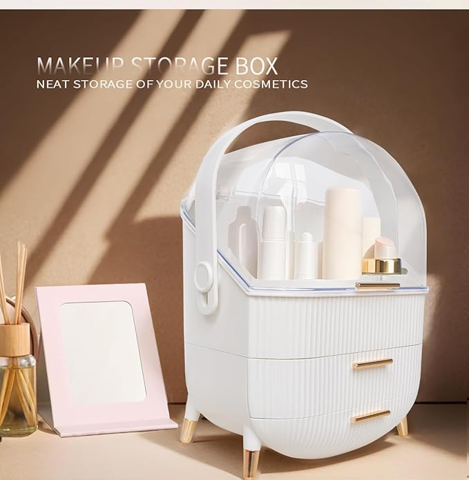 Portable Makeup Organizer, Skincare Case Storage and Makeup Box for Vanity, Cosmetic Display Case, Cosmetics Skincare Organizers Box with Waterproof & Dustproof Cover for Bedroom, White