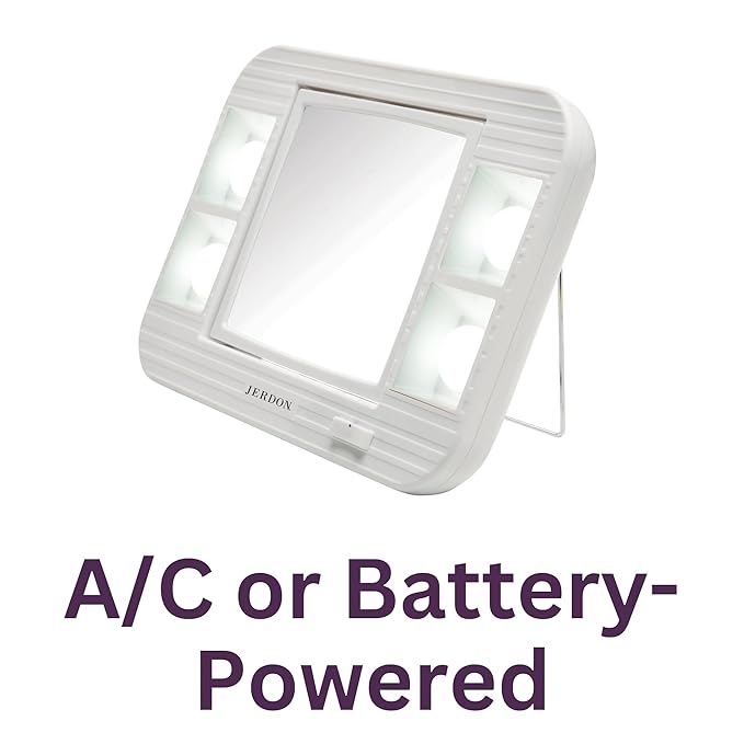 JERDON Two-Sided Makeup Mirror with Lights - Vanity Mirror with 5X Magnification & Two Setting Glare-Free Lighting - White Base - Model J1015