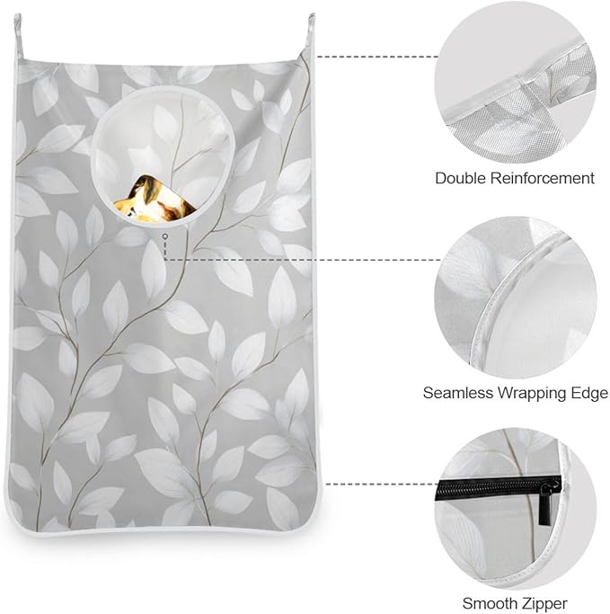 Grey Simple Leaves Hanging Laundry Hamper Door Hampers Bag Basket with Stainless Steel Hooks Oxford Fabric Printing Decorative Clothes Bags 29.5X20inch 1Pack