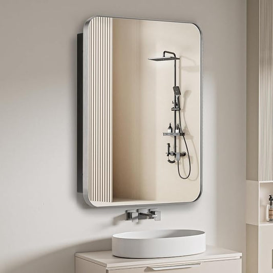 16" x 20" Bathroom Medicine Cabinet with Mirror Door, Brushed Nickel Stainless Steel Frame, Recessed or Surface Mounted,Storage Cabinet with Adjustable Metal Shelves,Upgraded Version