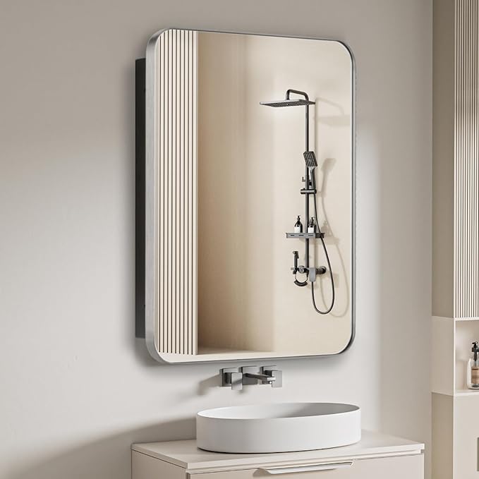 20" x 26" Bathroom Medicine Cabinet with Mirror Door, Brushed Nickel Stainless Steel Frame, Recessed or Surface Mounted,Storage Cabinet with Adjustable Metal Shelves,Upgraded Version