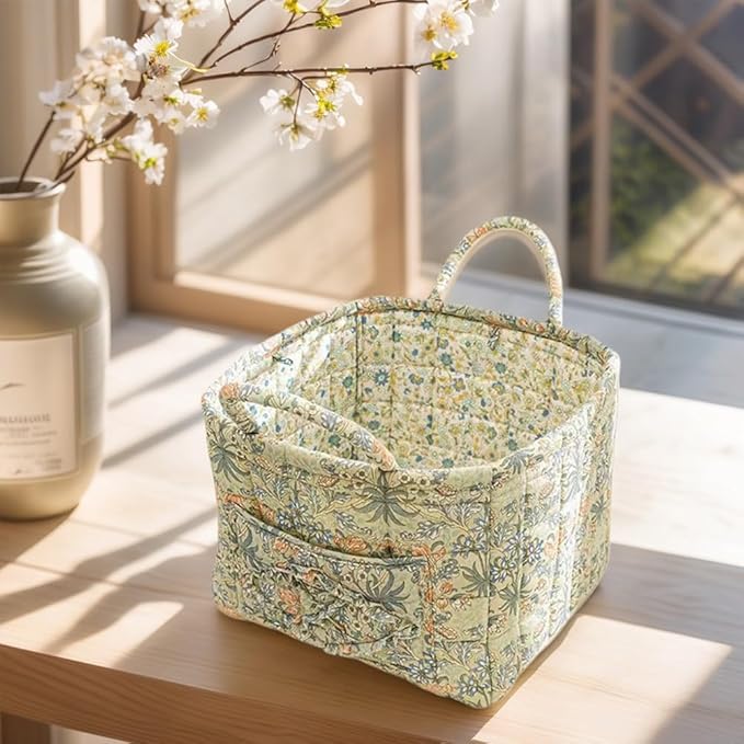 Quilted Fabric Storage Basket Boho Floral Laundry Hamper with Handle Foldable Floral Basket Organizer for Car Bedroom
