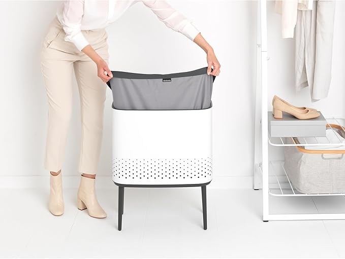 Brabantia Bo Laundry Hamper (White) Removable Laundry Bag 16 Gal, Ventilated Stylish Discreet Dirty Clothes Holder, Flat Back, Anti-Rust Materials for Bathroom Use