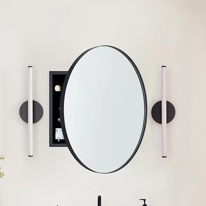 Surface Mount Black Round Circle Bathroom Medicine Cabinet with Mirror Circlular Shaped Stainless Steel Metal Framed Medicine Cabinets Bathroom Cabinet with Mirror 24'' Diameter
