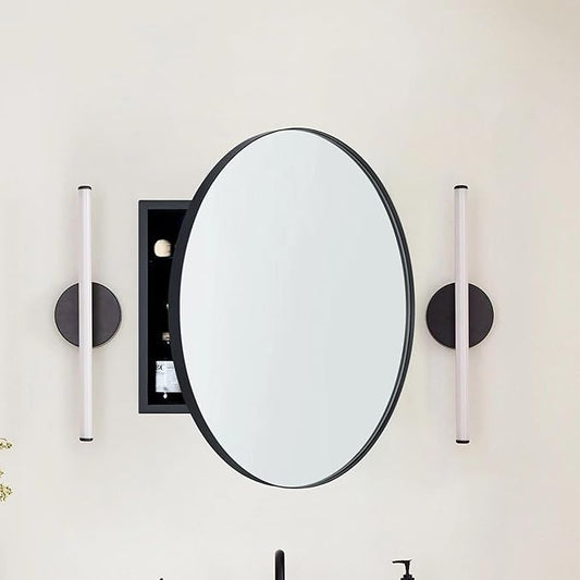Surface Mount Black Round Circle Bathroom Medicine Cabinet with Mirror Circlular Shaped Stainless Steel Metal Framed Medicine Cabinets Bathroom Cabinet with Mirror 24'' Diameter