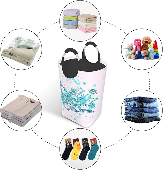 Sea Turtle Laundry Basket Beach Decor Laundry Hamper Ocean Fish Collapsible Baskets with Handle Dirty Clothes Hamper Bag for Dorm Family Bathroom Decor Storage 50L