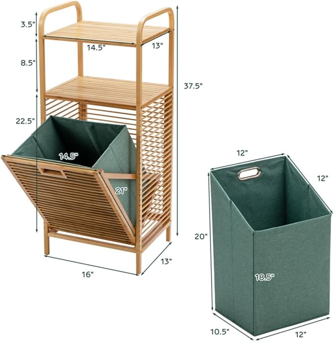 Bamboo Bathroom Storage Shelf with Tilt Out Laundry Hamper Tall Freestanding Organizer with Two Open Shelves for Towels and Toiletries Removable Fabric Bin 38 Inch Height Bathroom Furniture