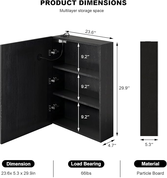 Black Medicine Cabinet with Led Lights,Lighted Medicine Cabinet with Mirror,Mirror Cabinet with 3 Storage Shelf Wall Mounted, Medicine Cabinet with Defogger,24x30Inch