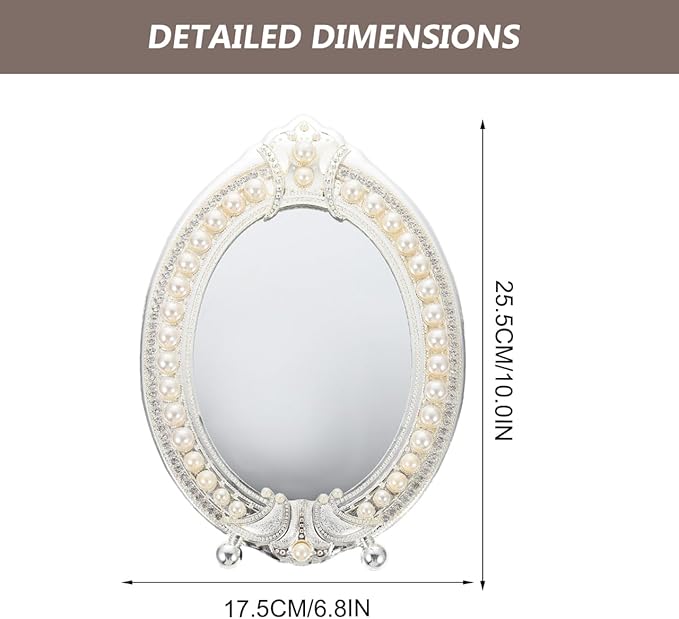 Hemoton Vintage Makeup Mirror with Retro Pearl Frame Desktop Vanity Mirror for Dressing Table High Definition Cosmetic with Stable Stand Elegant Room Decor