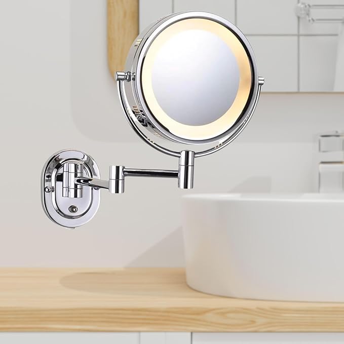 JERDON Wall-Mounted Makeup Mirror with 5X Magnification - Chrome Makeup Mirror with LED Lights - Plug in - HL65C