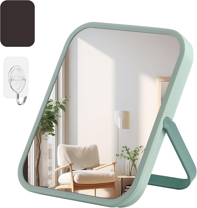 Magnetic Locker Mirror with Foldable Stand & Hook - 5.6x6.8 Inch Portable HD Makeup Mirror for Desk/Dorm/Fridge - Shatterproof ABS Frame, Rounded Edges (Student-Friendly)