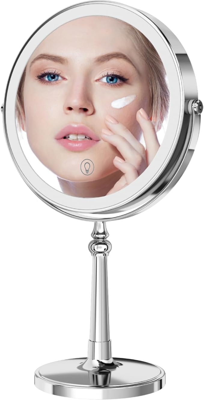 9" Large Make up Vanity Mirror with Lights Chrome Two Way Mirror 1x/10x Magnifying Mirrors with Light and Stand 4000mAh Rechargeable Led Makeup Mirrors for Desk Dresser Table