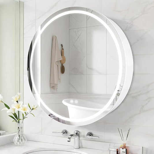Round Medicine Cabinet with Light,3 Color Temperature,Dimmer,Defogger,32inch,White