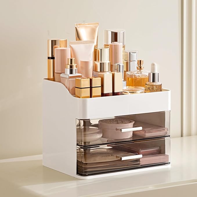 Makeup Organizer with Sliding Drawers,2-Layer Acrylic Cosmetic Storage Box with Divider Top,Vanity Table Skincare Display Case for Bathroom Bedroom