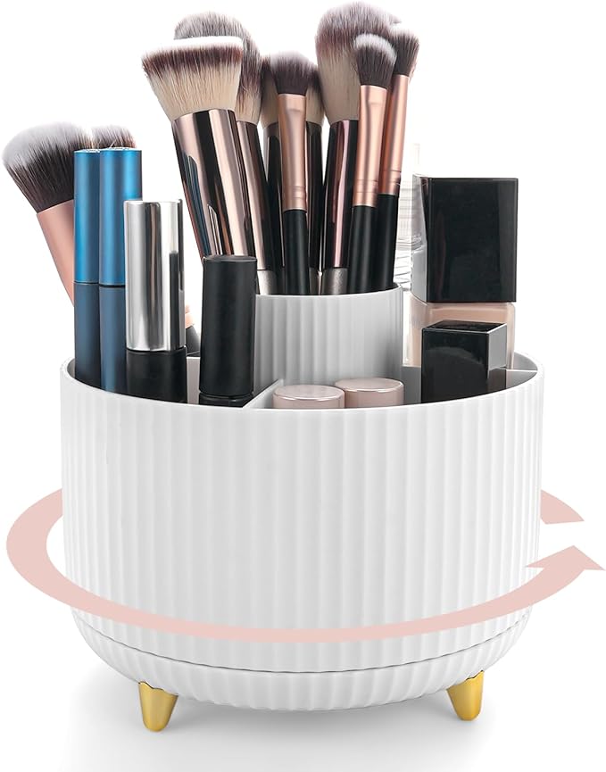 360°Rotating Makeup Organizer, 5 Slot Makeup Brush Holder, Spinning Cosmetic Organizer for Vanity, Bedroom(White)
