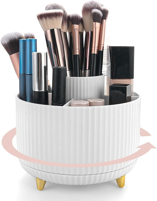 360°Rotating Makeup Organizer, 5 Slot Makeup Brush Holder, Spinning Cosmetic Organizer for Vanity, Bedroom(White)