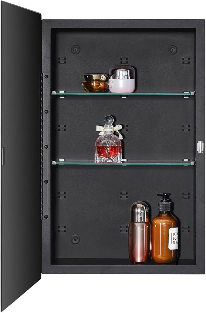 IDYLLOR Black Bathroom Medicine Cabinet with Beveled Edge Mirrored Door 15 x 24 inch, Recessed or Surface Mount, with Adjustable Glass Shelves