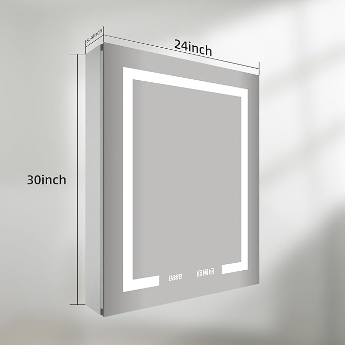LED Medicine Cabinet Mirror, 24x30 Inch Bathroom Storage, Recessed/Wall Mount, Plug-in/Hardwired, 3 Color Dimmable Light, Anti-Fog, Time Temp Display, Right Hinge