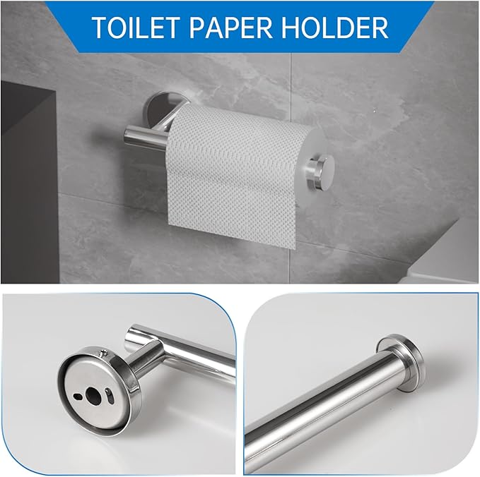 Chromed Bathroom Hardware Set, 5 Pieces Bathroom Accessories Set,SUS304 Stainless Steel 16 Inch Bath Towel Bar Set Wall Mounted,Robe Towel Hooks, Toilet Paper Holder,Towel Racks for Bathroom SP-60008