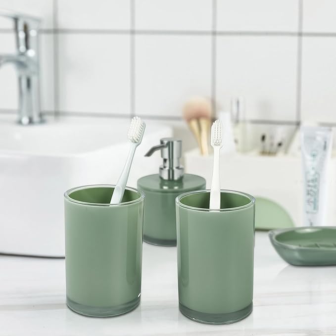 Thickened Bathroom Accessories Set, 4-Piece Bathroom Accessories Set with 2 Toothbrush Cups, Soap Dispenser, Soap Dispenser (Olive Green)