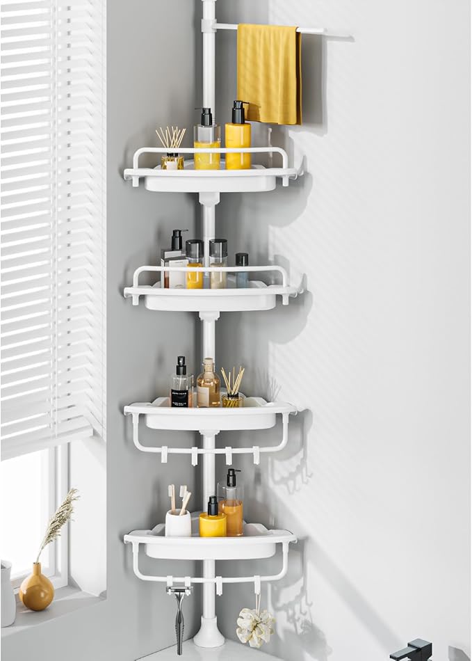 Upgrade Sturdy Shower Caddy Tension Pole Quick Installation Corner Shower Shelves 18/8 Stainless Steel Rustproof 4 Tier Adjustable Shower Rack for Bathtub Shampoo Accessories Storage 32-122inch