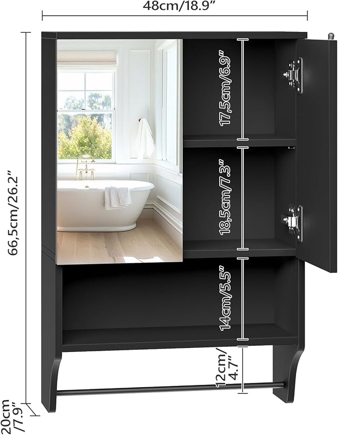 MAHANCRIS Bathroom Wall Cabinet with Mirror, Medicine Cabinet with 2 Door and Adjustable Shelf, Wall Mounted Over The Toilet Storage Cabinet for Bathroom Laundry Room Kitchen, 18.9"W x 26.2"H, Black