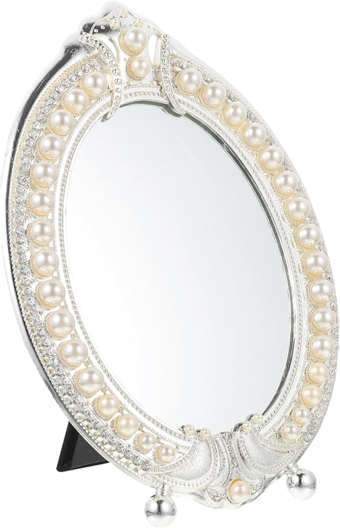 Hemoton Vintage Makeup Mirror with Retro Pearl Frame Desktop Vanity Mirror for Dressing Table High Definition Cosmetic with Stable Stand Elegant Room Decor