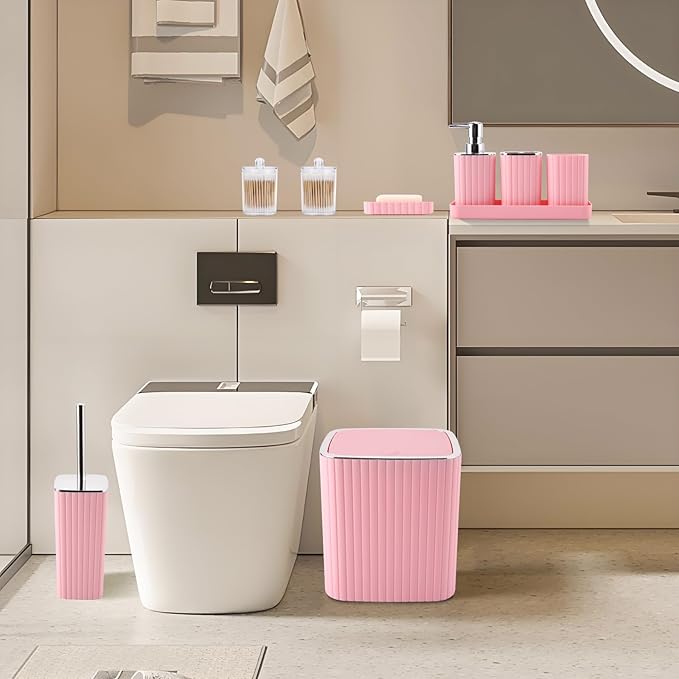 XLHOMO Pink Bathroom Accessories Set - Gorgeous Bathroom Set, 10PC Bathroom Accessory Set, Toilet Brush, Trash Can, Qtip Holder & Soap Dispenser
