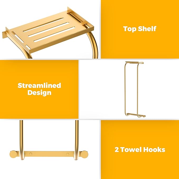 Towel Racks for Bathroom, Elegant Curved Bathroom Towel Storage Wall Mounted 30 inch with Shelf Can Holds 6 Large Towels, Wall Towel Rack for Rolled Towels, Gold